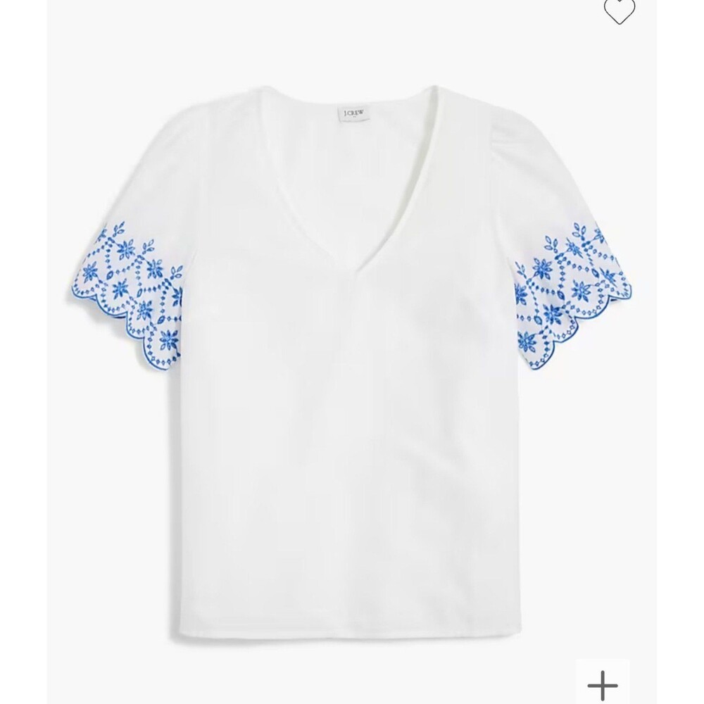 NWT J Crew V-neck top with embroidered sleeves Size XS Blue/White Retail $79.50